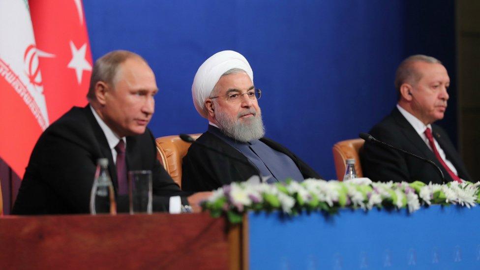 Iranian President Hassan Rouhani (C),Turkish President Recep Tayyip Erdogan (R), and Russian President Vladimir Putin (L) after their meeting in Tehran, Iran, 7 September 2018