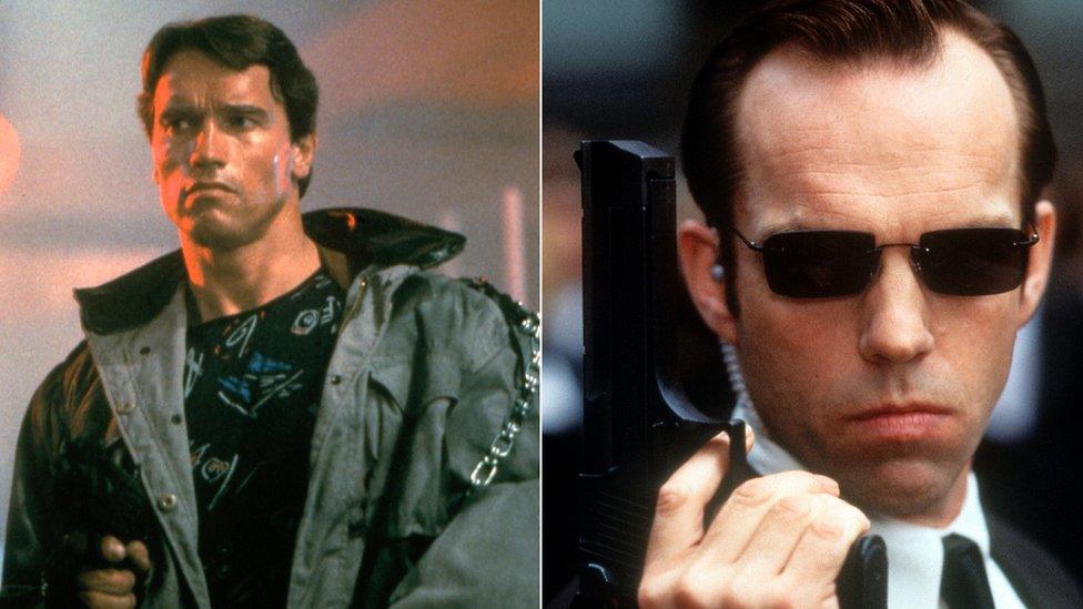 Arnold Schwarzenegger in The Terminator and Hugo Weaving as Agent Smith