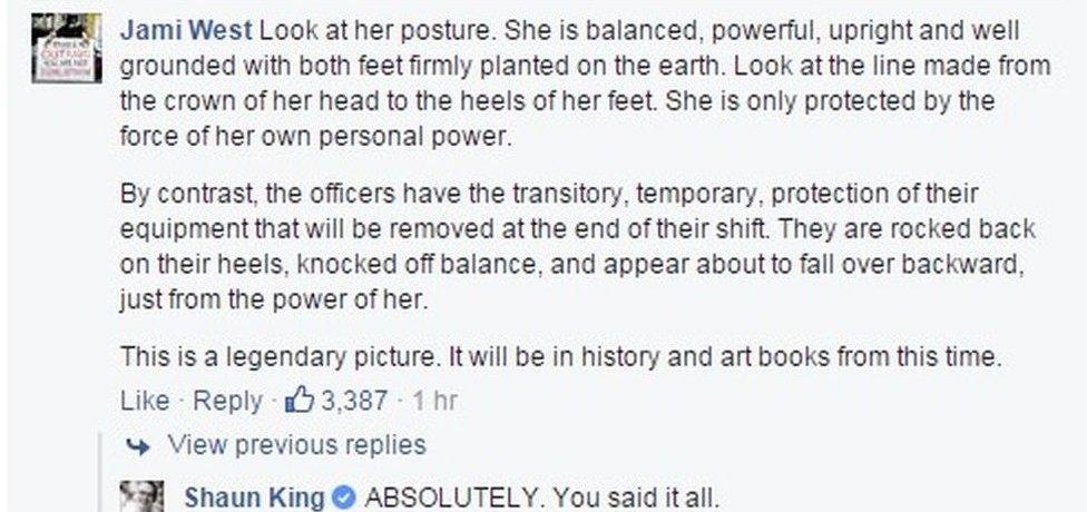 Facebook post by NY Daily News reporter Shaun King, with comment beneath saying: Look at her posture. She is balanced, powerful, upright and well grounded with both feet firmly planted on the earth. Look at the line made from the crown of her head to the heels of her feet. She is only protected by the force of her own personal power. - 10 July 2016