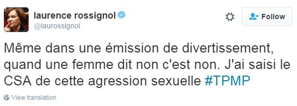 "Even as part of an entertainment programme, when a woman says no it means no. I have alerted the regulator about this sex assault"