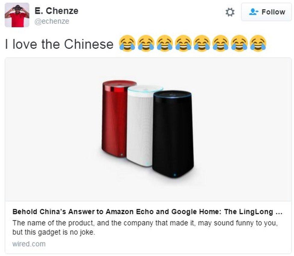 Screenshot of tweet saying "I love the Chinese"