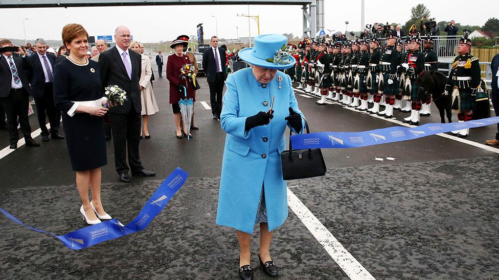 Queen Elizabeth II officially opens the Queensferry Crossing as the Duke of Edinburgh and First Minister Nicola Sturgeon look on, across the Firth of Forth.