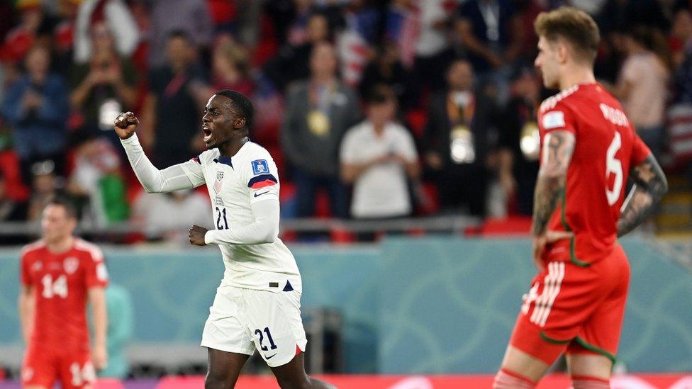 Timothy Weah celebrates after scoring for the US