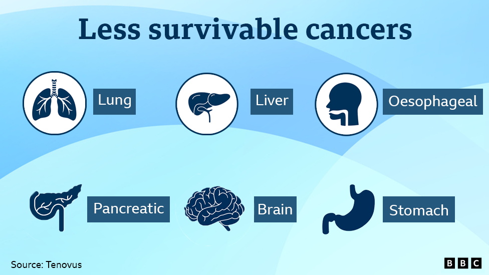 A graphic showing the less survivable cancers: lung, liver, oesophageal, pancreatic, brain, stomach