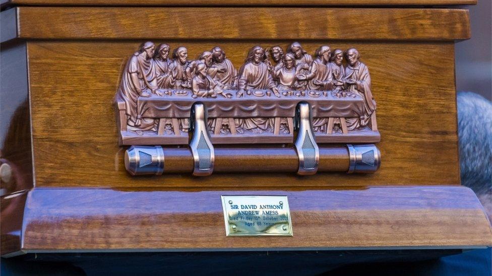 The coffin arrives for the funeral Mass of Sir David Amess MP at Westminster Cathedral in London