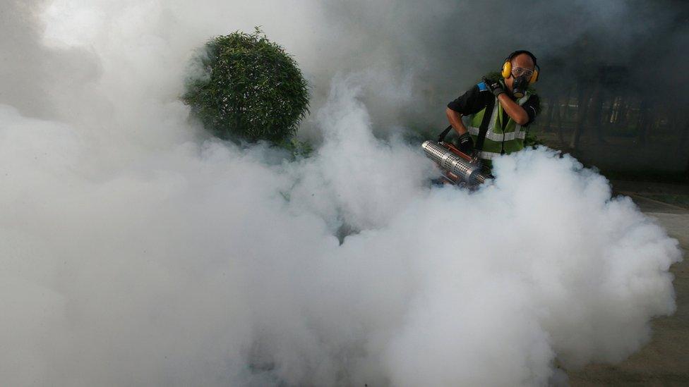 A worker fogging the public areas of the public housing block in Singapore on 31 August 2016.