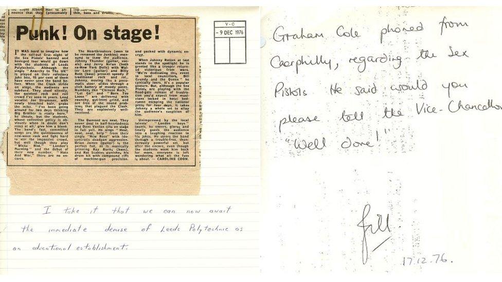 Newspaper cutting on Leeds Poly gig and handwritten note from UEA acrhive