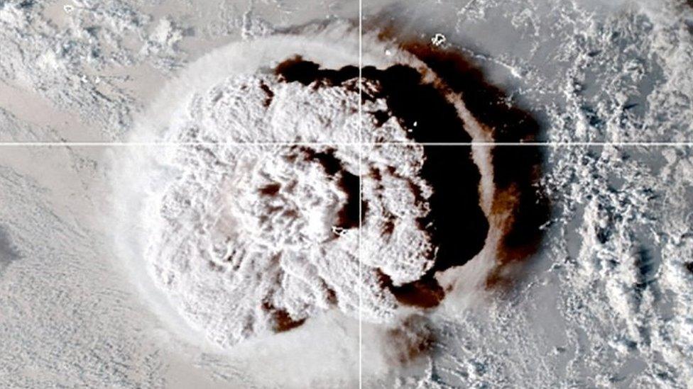 Satellite view of the eruption of an underwater volcano off Tonga