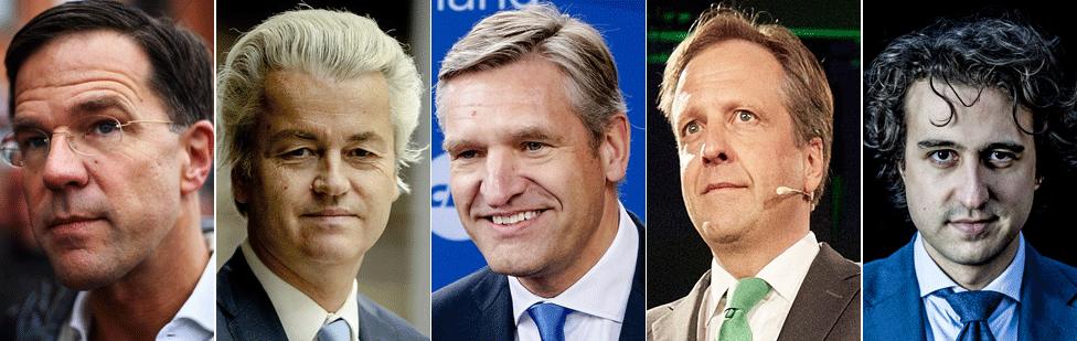 From L-R: Mark Rutte of the VVD, Geert Wilders of the PVV, Sybrand Buma of the CDA, Alexander Pechtold of D66 and Jesse Klaver of Groenlinks