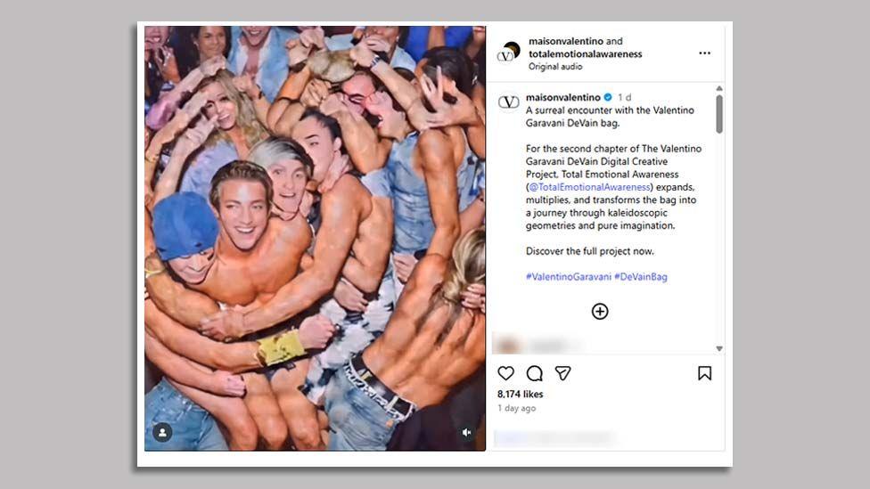 A screenshot of @maisonvalentino's post on Instagram of its AI-generated video advert shows a crowd of people whose faces and bodies have morphed into a series of circles.

A text caption visible to the right of the image reads: "A surreal encounter with the Valentino Garavani DeVain bag. For the second chapter of The Valentino Garavani DeVain Digital Creative Project, Total Emotional Awareness expands, multiplies and transforms the bag into a journey through kaleidoscopic geometries and pure imagination. Discover the full project now."