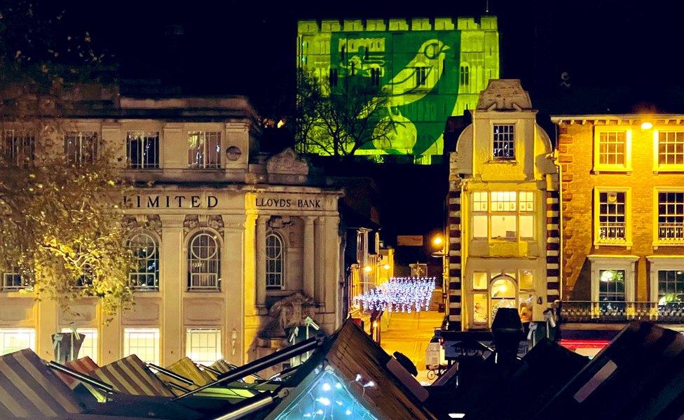 Norwich Castle lit up with the new logo