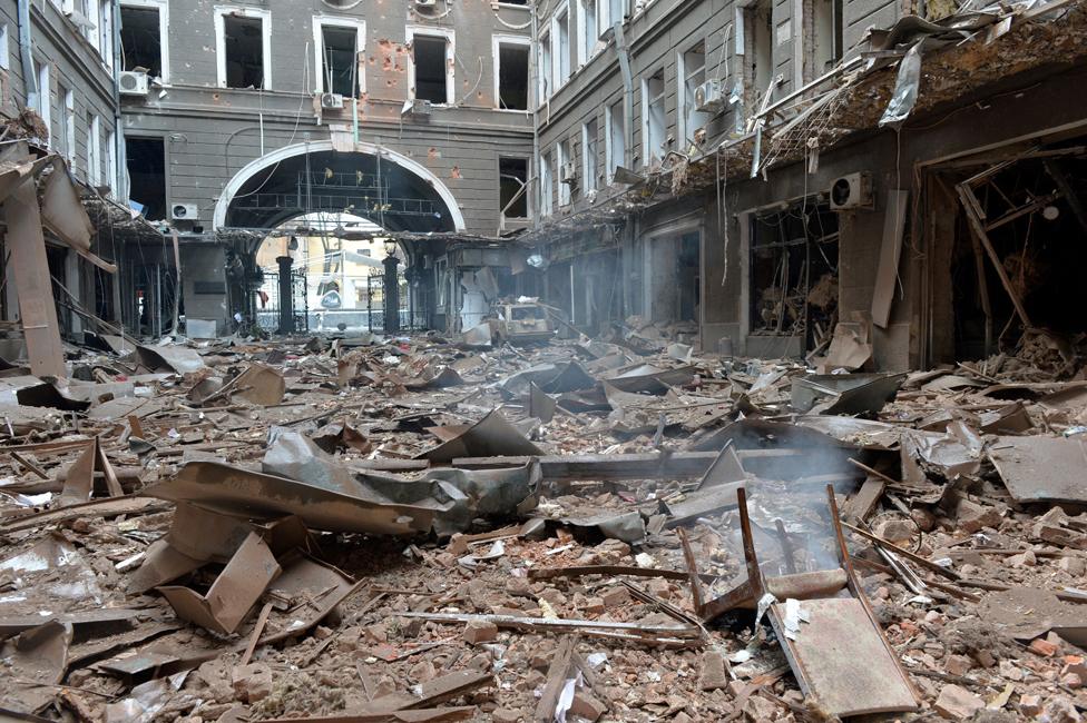 Destroyed building after the shelling by Russian forces in Kharkiv, Ukraine