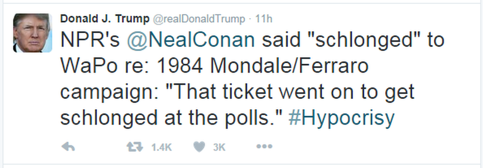 A tweet reads: "NPR's @NealConan said "schlonged" to WaPo re: 1984 Mondale/Ferraro campaign: "That ticket went on to get schlonged at the polls." #Hypocrisy"