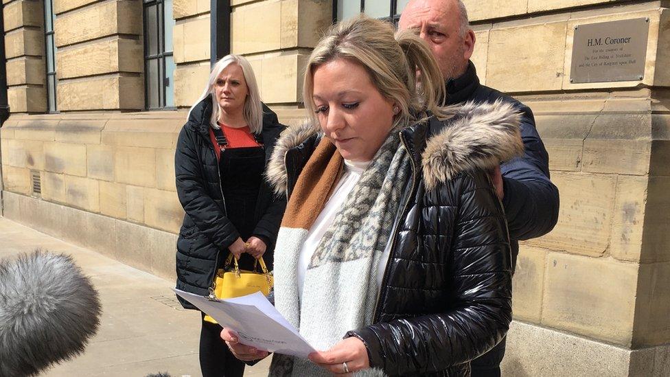 Laura Sugden talking outside Hull Coroner's Court