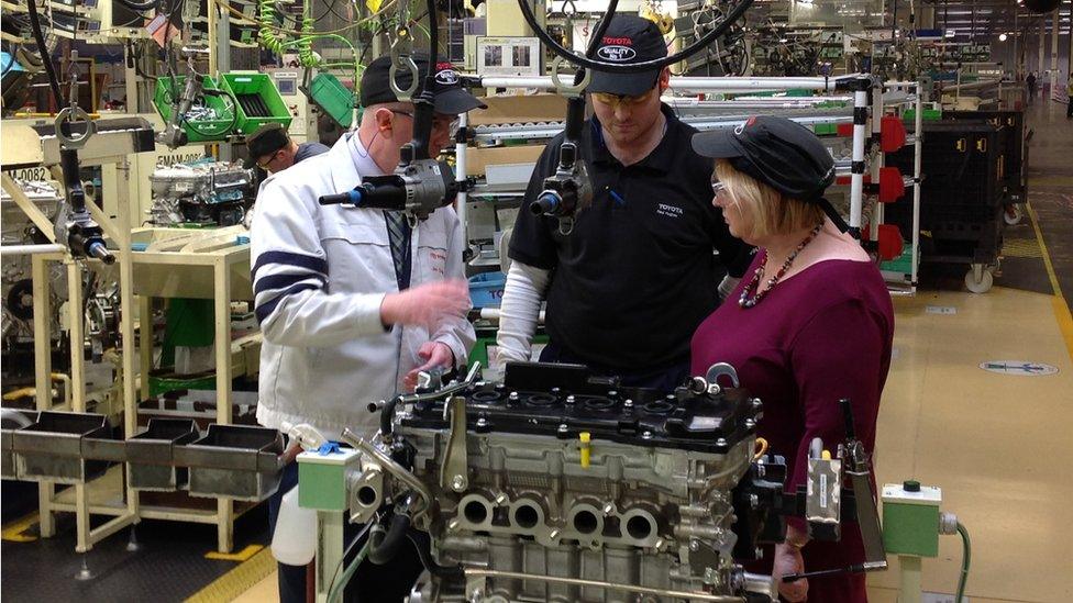 Minister Edwina Hart on a tour of Toyota's Deeside plant on Thursday