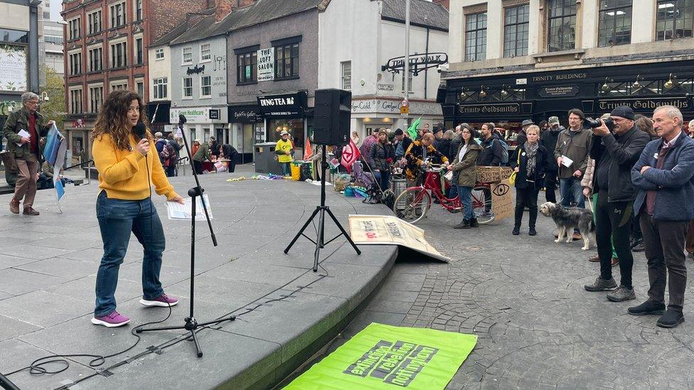 A speaker at the rally in Trinity Square