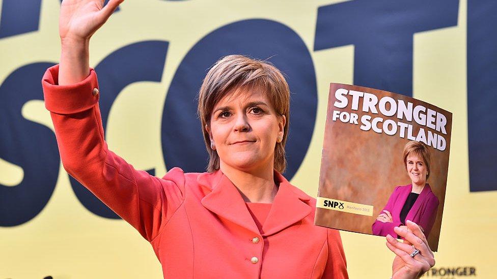 SNP leader Nicola Sturgeon launches the Scottish National Party manifesto at the Edinburgh International Climbing Arena, EICA Ratho, on April 20, 2015 in Edinburgh, Scotland. Although Labour have rejected a coalition with the SNP, Sturgeon is expected to unveil policies that could lead to a power-sharing deal. (Photo by Jeff J Mitchell/Getty Images)