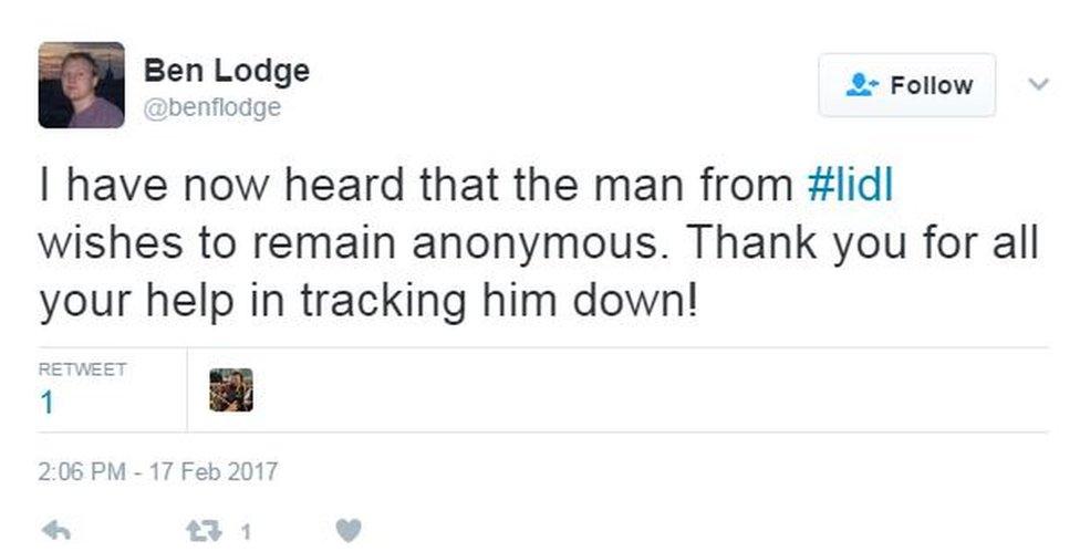 Ben Lodge's tweet after tracing the man