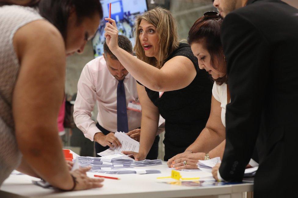 Referendum workers verify the validity of ballots in the verification centre before counting at Gibraltar University