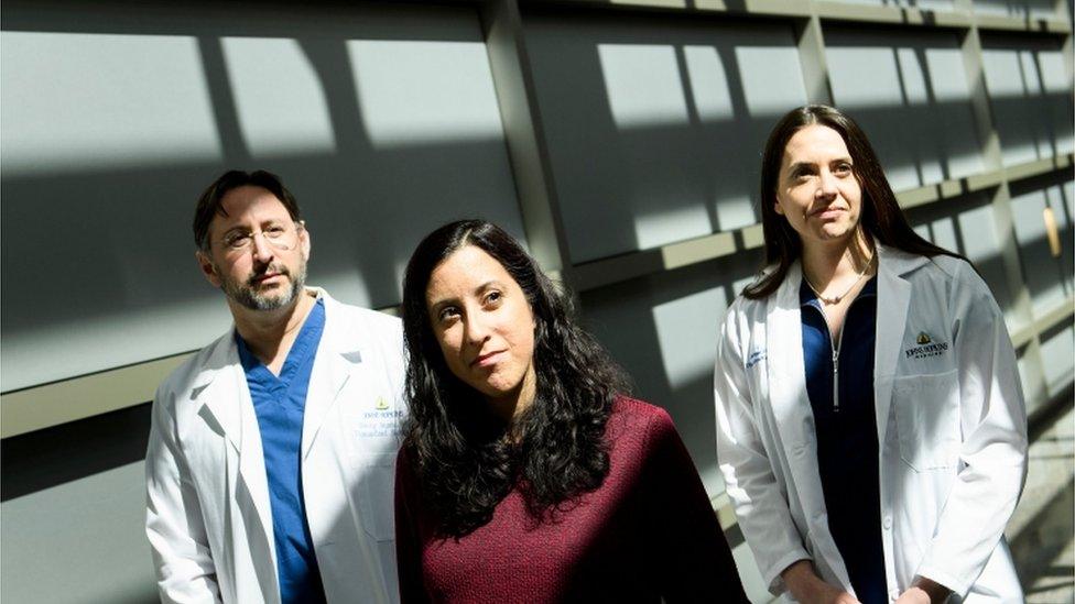 Nina Martinez, centre, successfully donated the kidney thanks to the work of Dr Dorry Segev, left, and Dr Christine Durand, right