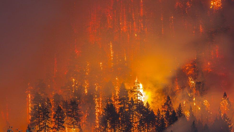 Aerial shot showing fire ablaze