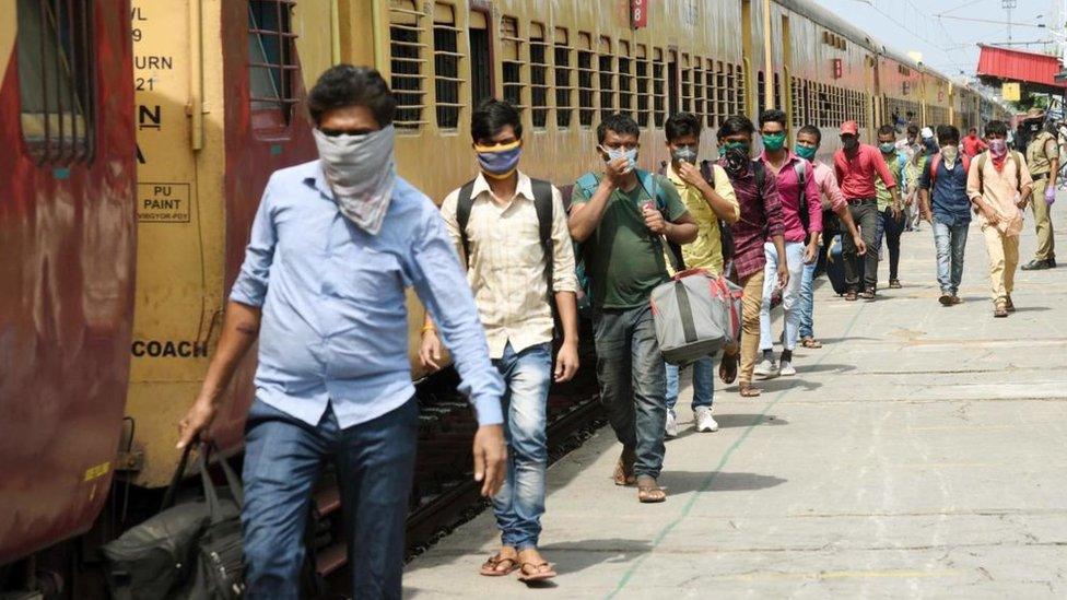 Migrants arriving from Tamil Nadu and Andhra Pradesh by a special train, seen at Danapur Railway Station, on May 11, 2020 in Patna, India.