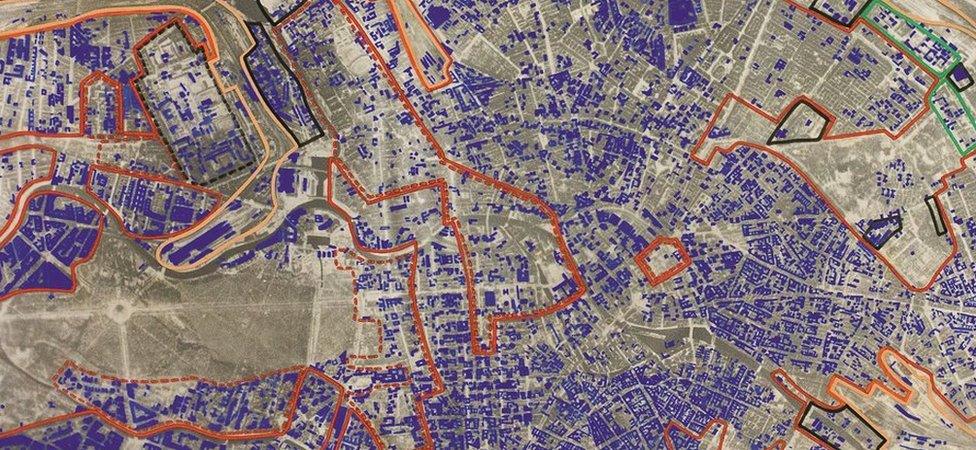 Map of NE Berlin highlighting areas of bomb damage