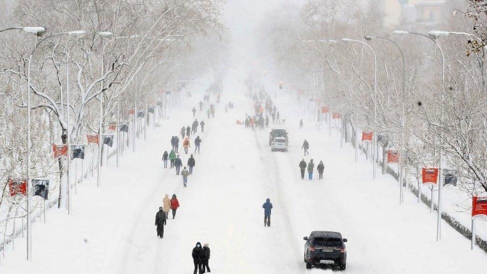 A thick layer of snow covers Castellana avenue in Madrid, Spain.