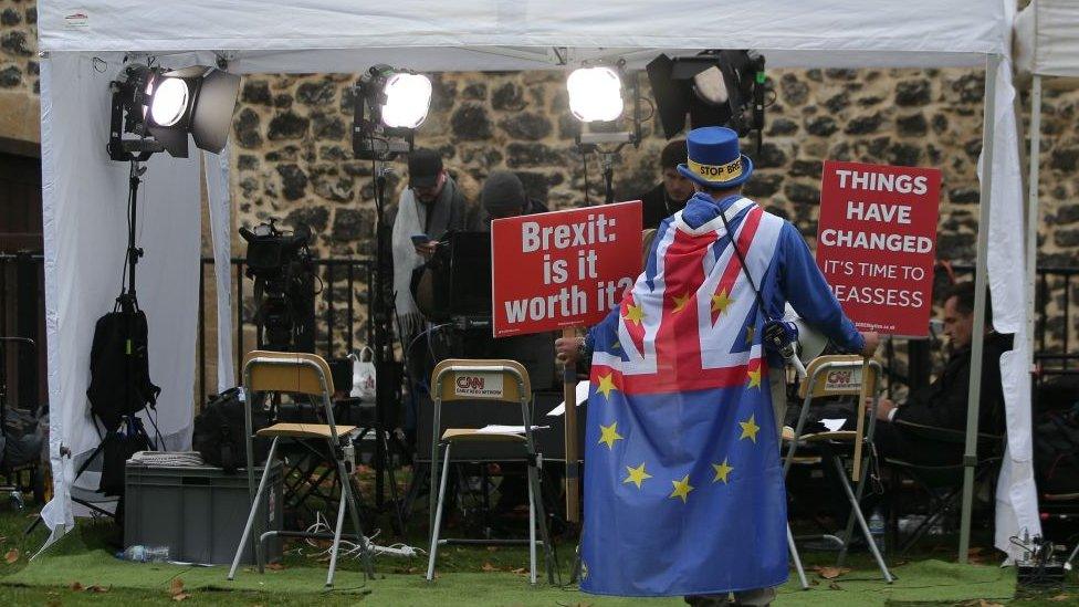 Steve Bray behind a broadcast tent in Westminster