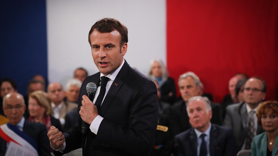 President Macron at a debate in Corsica, 4 Apr 19