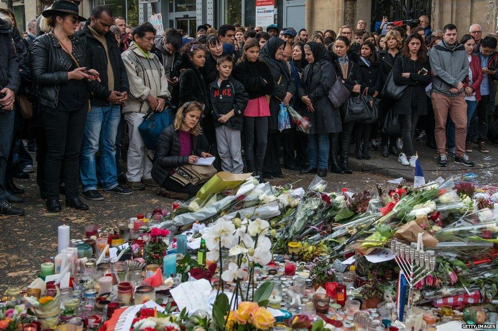 Flowers outside the Bataclan Theatre