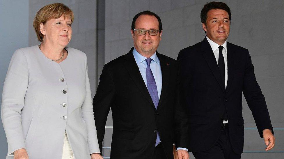 German Chancellor Angela Merkel, French President Francois Hollande and Italy's Prime Minister Matteo Renzi