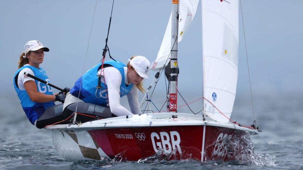 FUJISAWA, JAPAN - JULY 30: Hannah Mills and Eilidh McIntyre of Team Great Britain compete in the Women's 470 class on day seven of the Tokyo 2020 Olympic Games at Enoshima Yacht Harbour on July 30, 2021 in Fujisawa, Kanagawa, Japan.