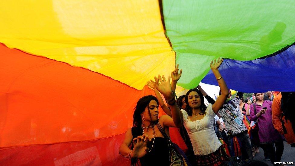 A Pride Parade in New Delhi, India. Homosexuality was legalised in 2009, but that was overturned in 2013. LGBT campaigners are fighting for their rights again.