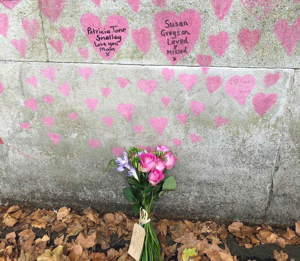 Hearts on memorial wall