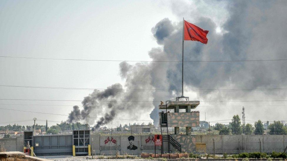 A picture taken from Akcakale in Turkey shows strikes on the Syrian town of Tal Abyad