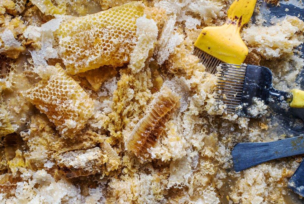 A pile of raw honeycomb alongside tools to break the honeycomb