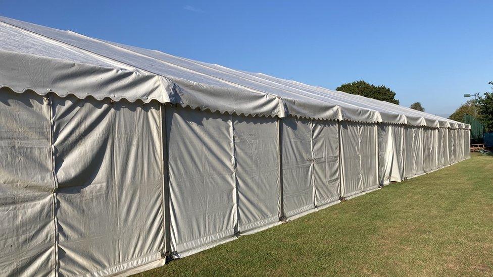 Huge marquee on the playing field of Holy Trinity Catholic Academy, in Newark, Nottinghamshire