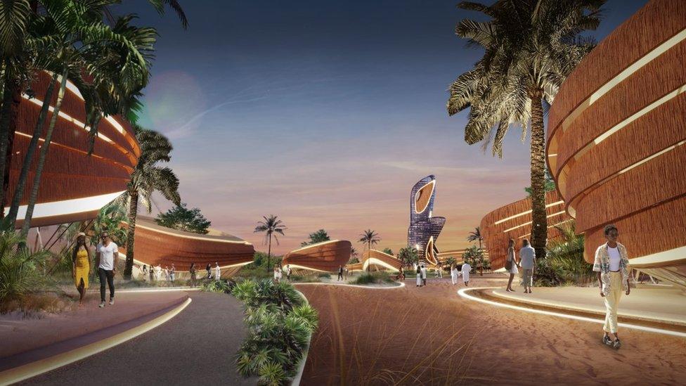 Architectural drawing of a futuristic tropical city seen from street level