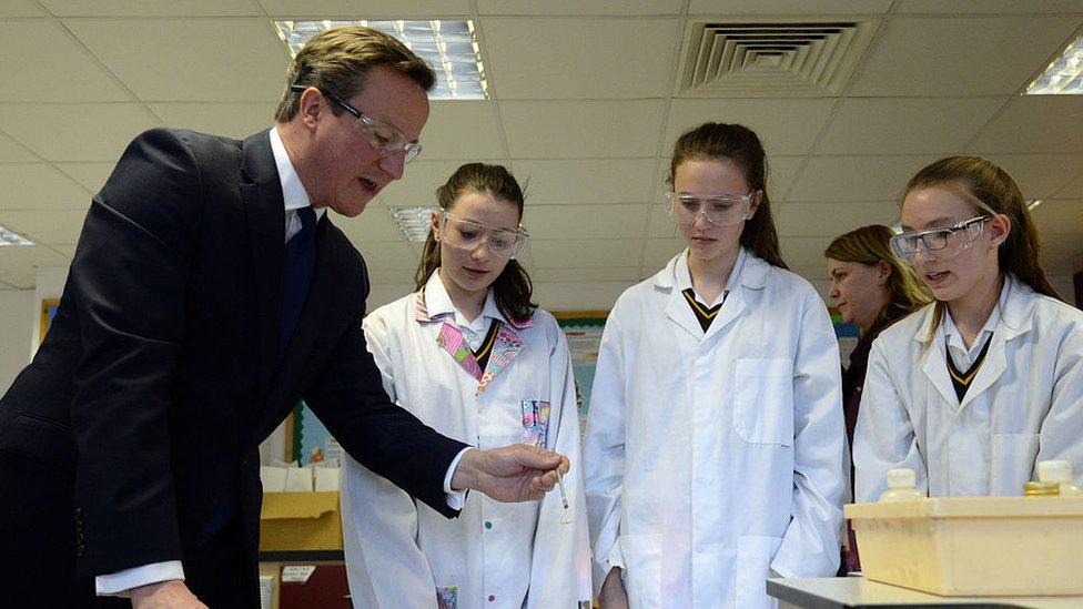 David Cameron visits a school science class