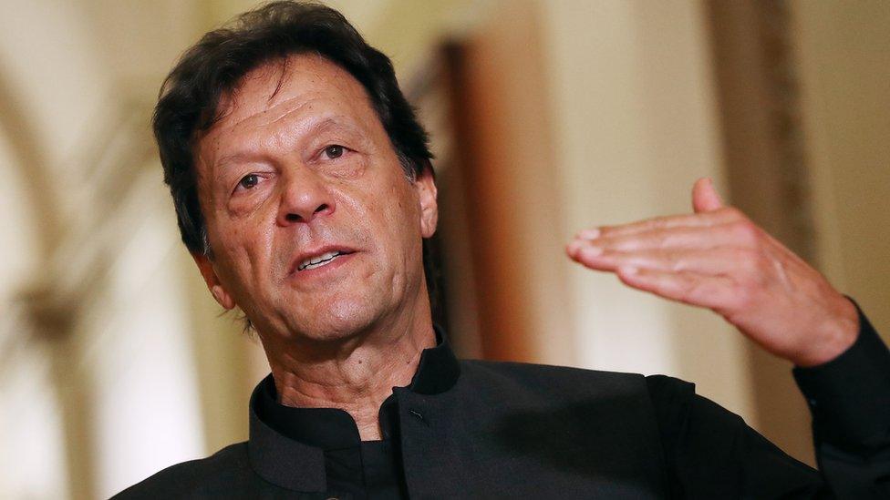 Pakistani PM Imran Khan gives a speech in July 2019