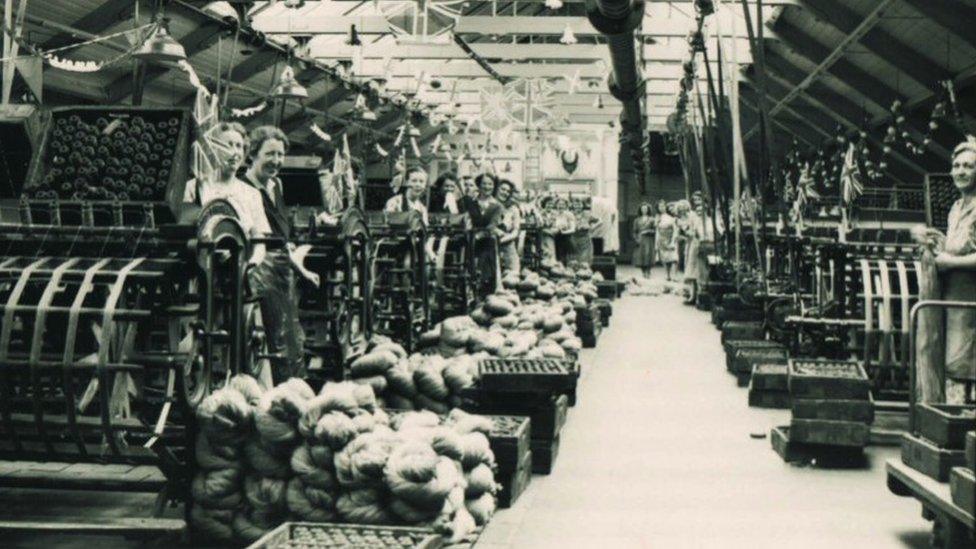 Workers in the reeling room in Balnamore Mill