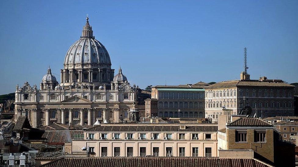 A general view taken from the Castel Sant'Angelo terrace in Rome shows St.Peter's Basilica