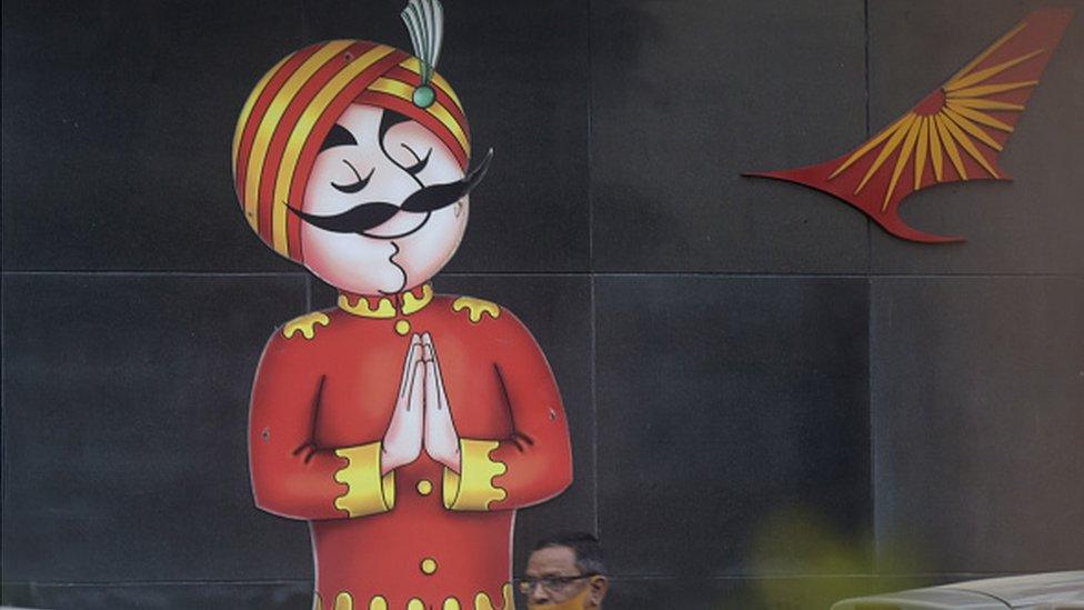 The mascot of Air India, Maharaja, displayed outside the Airlines building in New Delhi on 27 January 2022India's flagship carrier Air India, as the Indian government has sold the airline to the Tata group who regained ownership of Air India after 69 Years.