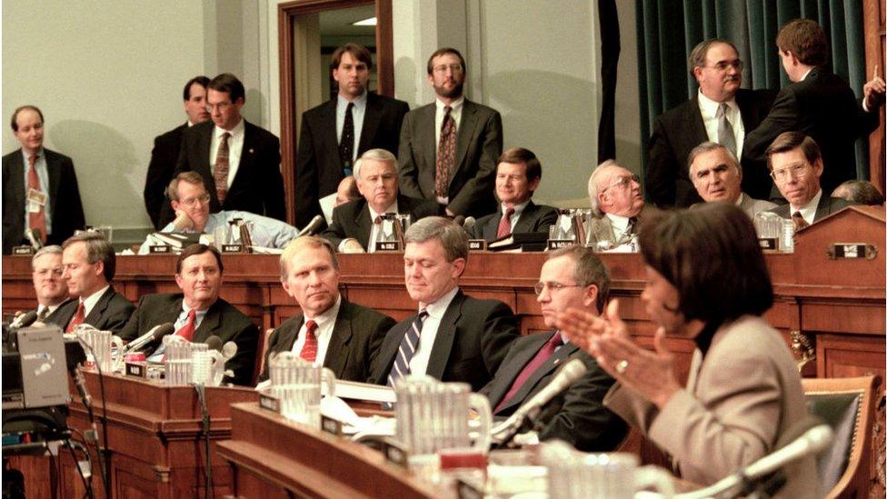 Members of the House Judiciary Committee debate during a hearing on the Impeachment of President Bill Clinton on November 19, 1998 in Washington, DC.