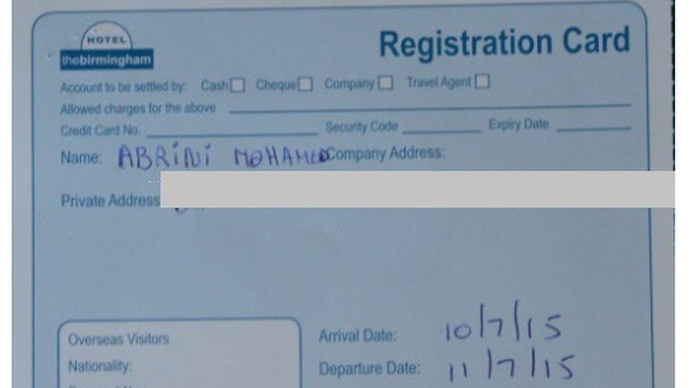 Abrini's hotel registration card