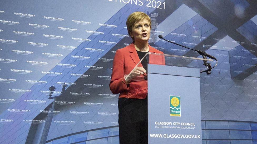 First Minister and SNP party leader Nicola Sturgeon on stage after retaining her seat for Glasgow Southside at the count for the Scottish Parliamentary Elections at the Emirates Arena, Glasgow. Picture date: Friday May 7, 2021