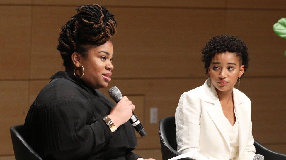 Angie Thomas and Amandla Stenberg speak onstage during Teen Vogue Summit 2018