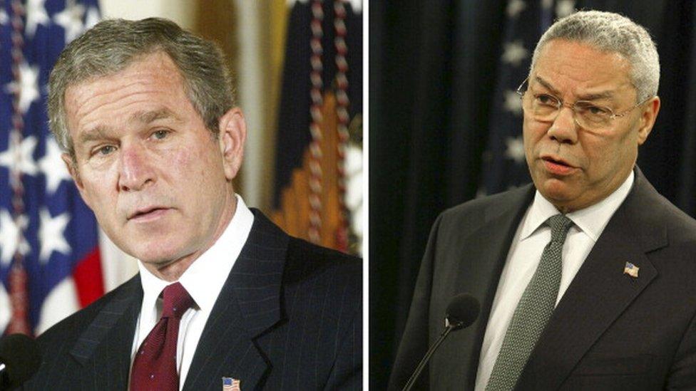 n this composite image a comparison has been made between former US President George W. Bush and his serving Secretary of State Colin Powell.