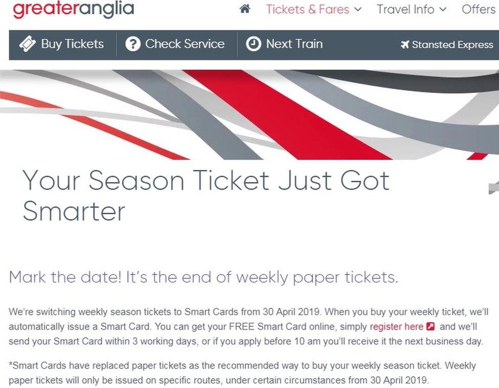 Screengrab from Greater Anglia website showing plans to end weekly paper season tickets